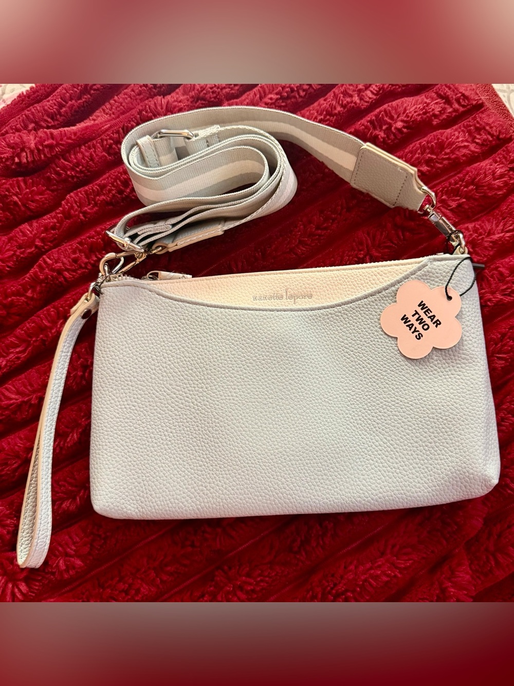 Nanette Lepore Cream Pebbled Leather Crossbody with Adjustable Stripe Strap